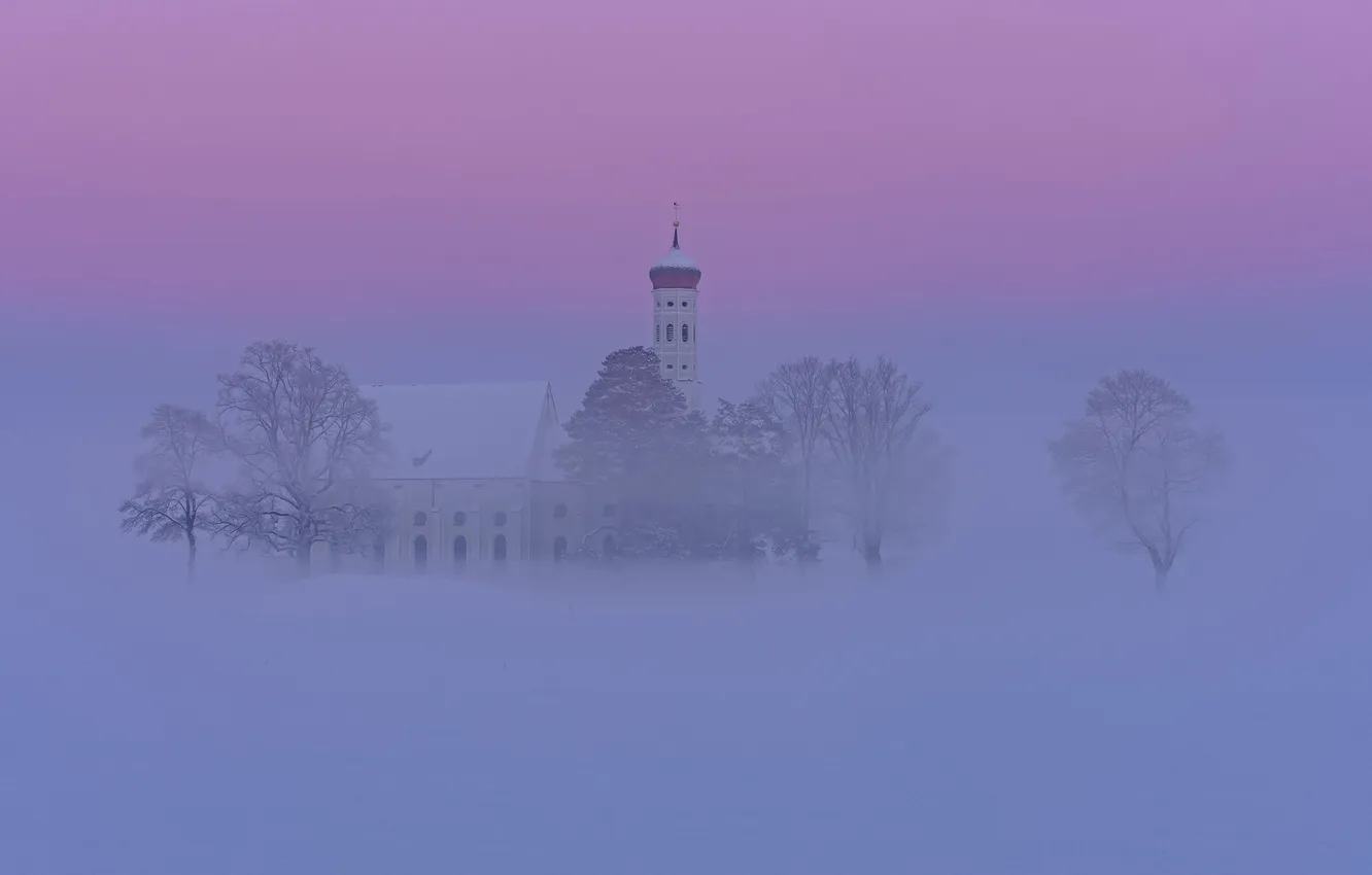 Photo wallpaper winter, snow, Germany, Bayern, haze, haze, Schwangau, Church Of The Holy Kalman