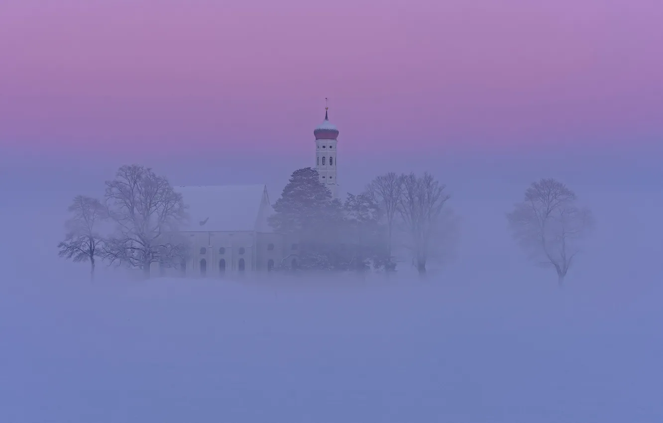 Photo wallpaper winter, snow, Germany, Bayern, haze, haze, Schwangau, Church of the Holy Kalman