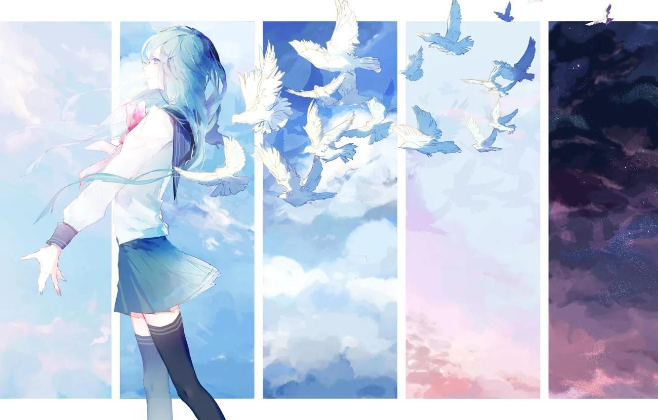 Photo wallpaper girl, birds, art, pigeons, maizono sayaka, dangan-ronpa