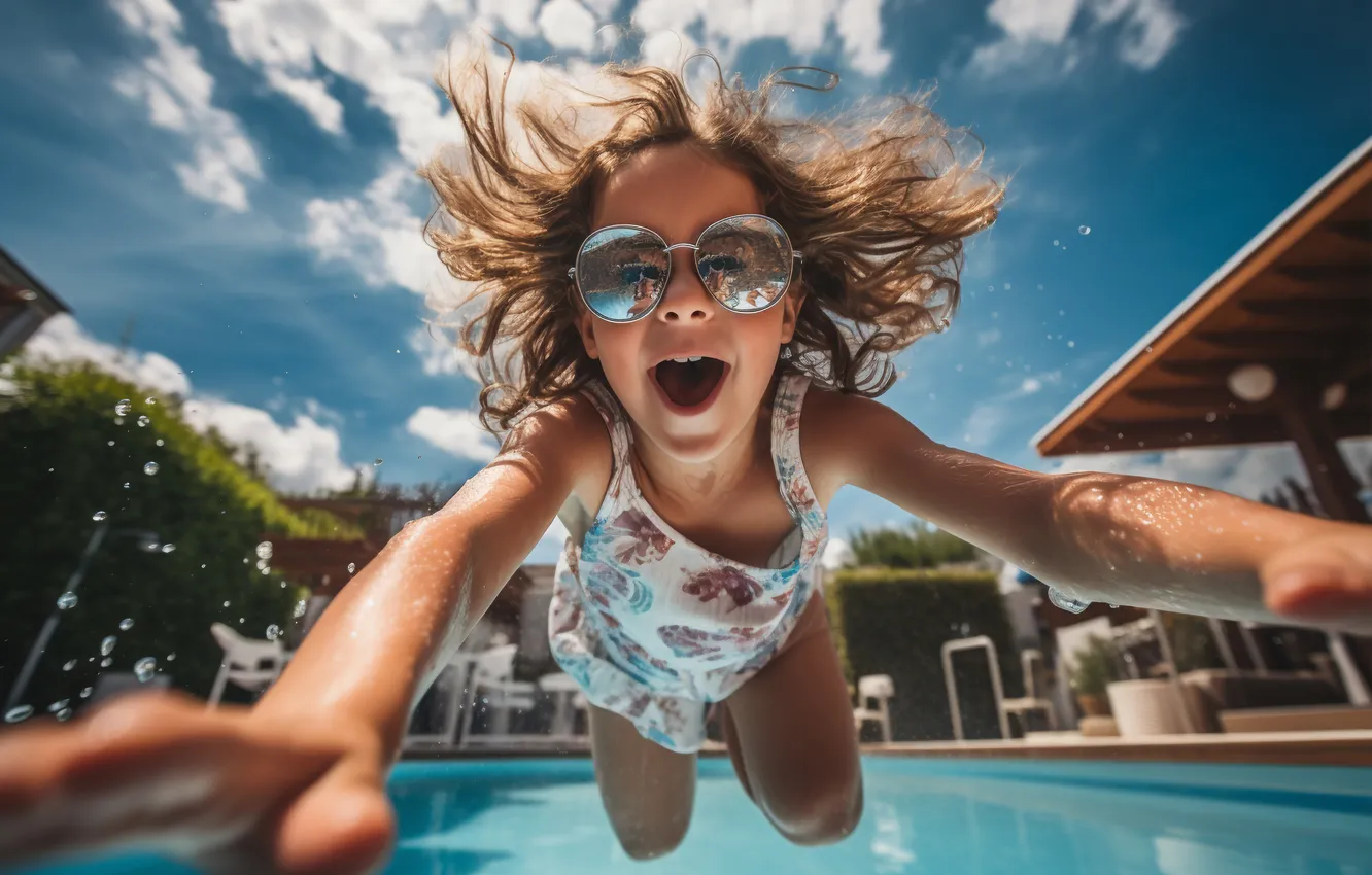 Photo wallpaper girl, AI art, neural network, kid, digital art, jump, glasses, joy