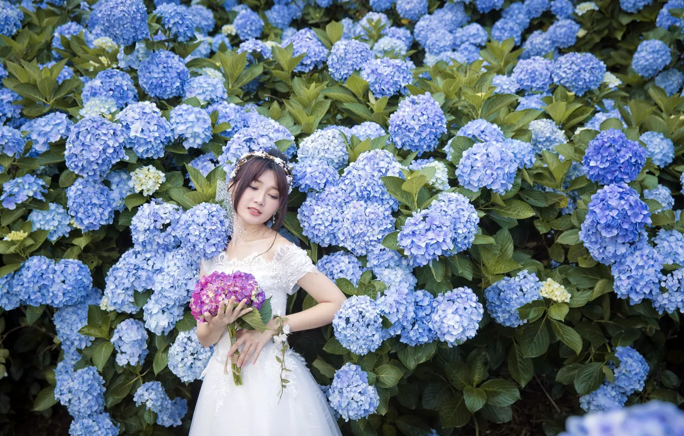 Photo wallpaper girl, flowers, Asian
