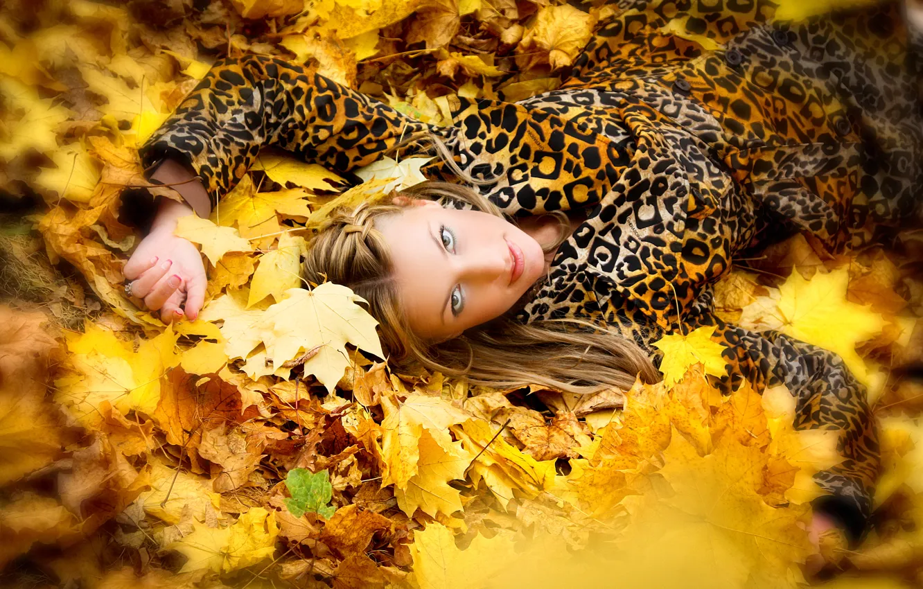 Photo wallpaper autumn, girl, foliage