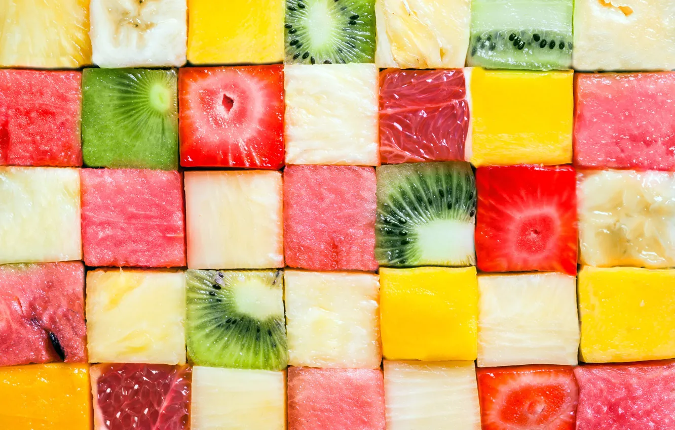 Photo wallpaper cubes, watermelon, kiwi, fruit, a lot, grapefruit, cutting, melon