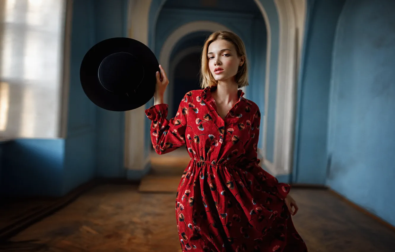 Photo wallpaper look, portrait, hat, dress, beauty, in red, George Chernyadev, Georgy Chernyadyev