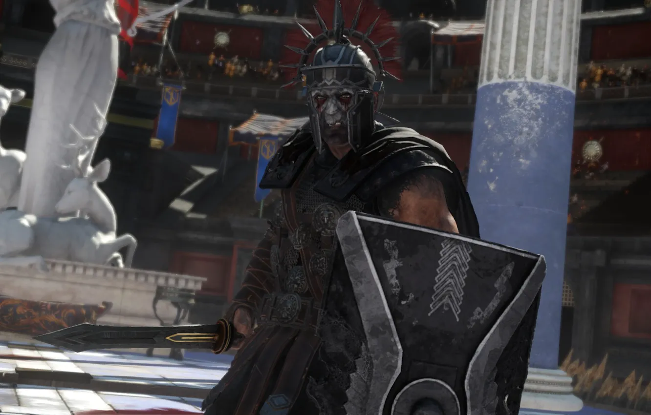 Photo wallpaper rendering, background, sword, armor, Rome, helmet, shield, arena