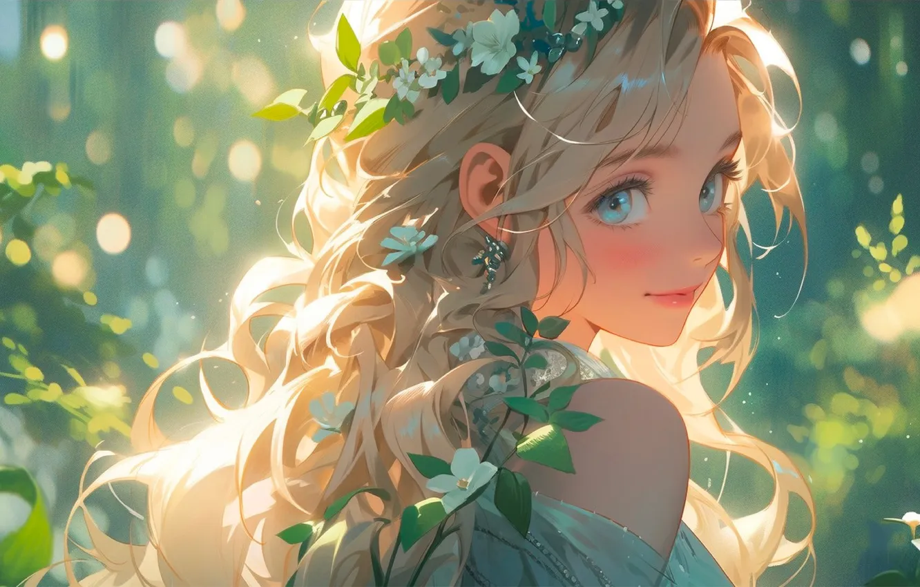 Photo wallpaper greens, look, leaves, girl, light, flowers, nature, anime