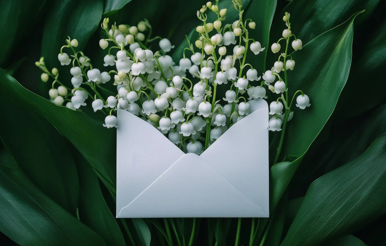 Photo wallpaper leaves, flowers, holiday, white, lilies of the valley, March 8, green background, a bunch