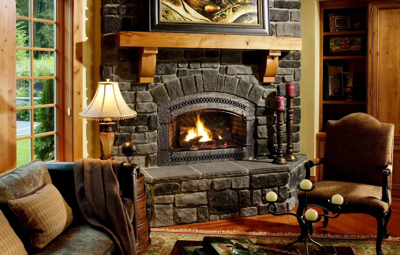 Photo wallpaper sofa, picture, candles, lamp, fireplace, cottage, design, living room