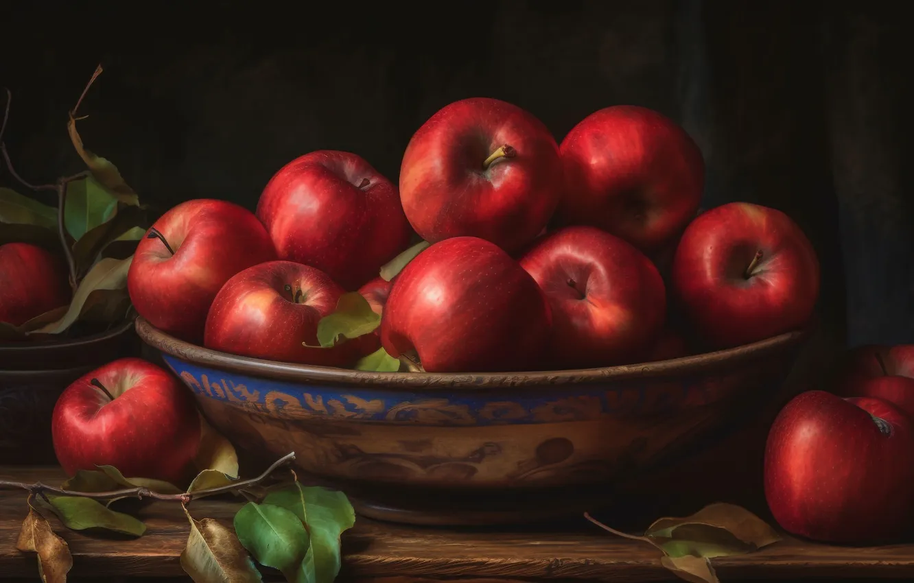 Photo wallpaper leaves, branches, red, the dark background, table, apples, Board, harvest