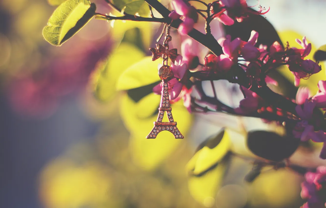 Photo wallpaper leaves, Eiffel tower, keychain, suspension