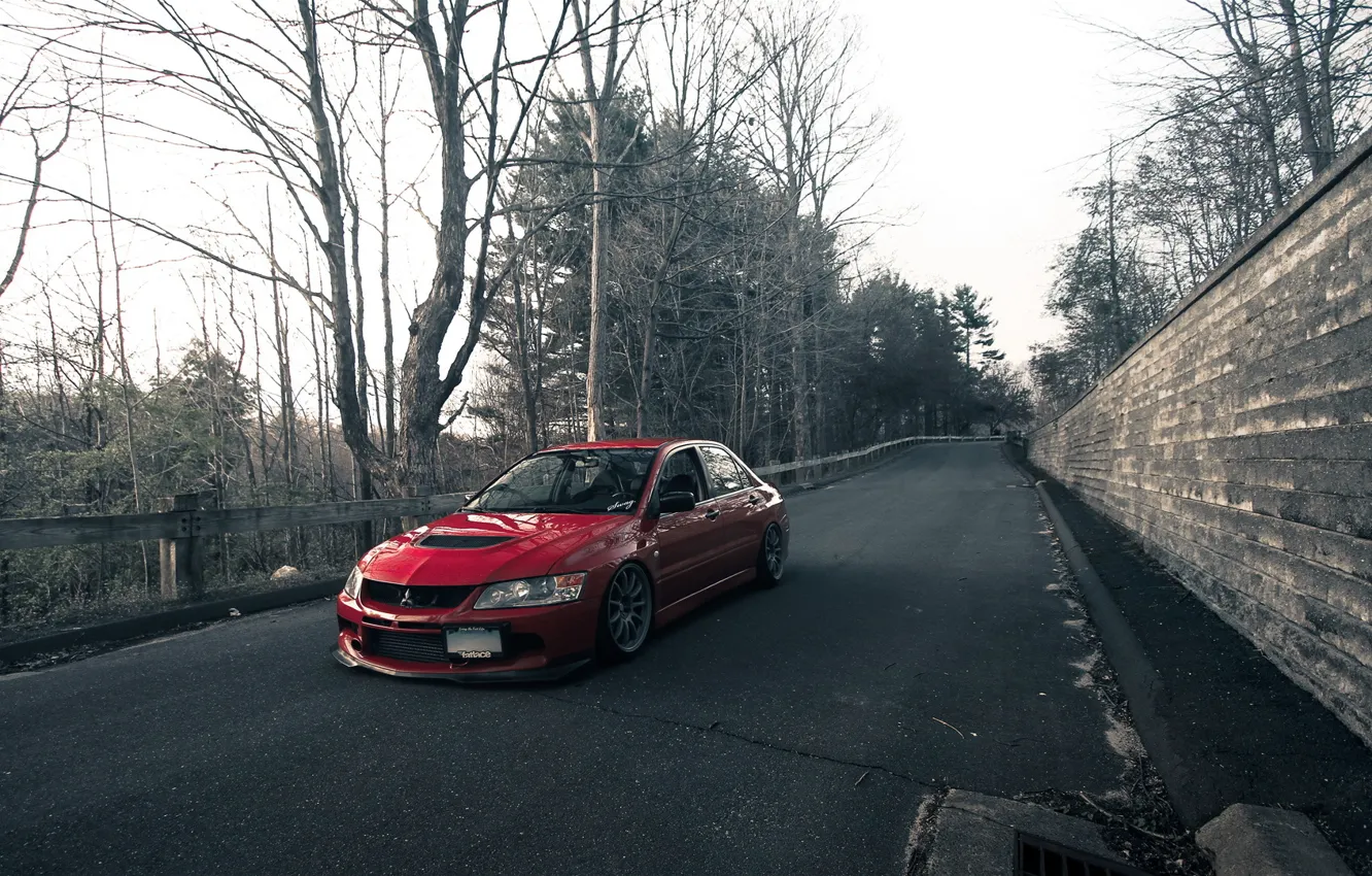 Photo wallpaper road, Park, wall, tuning, red, Lancer, Mitsubishi, mitsubishi lancer evo