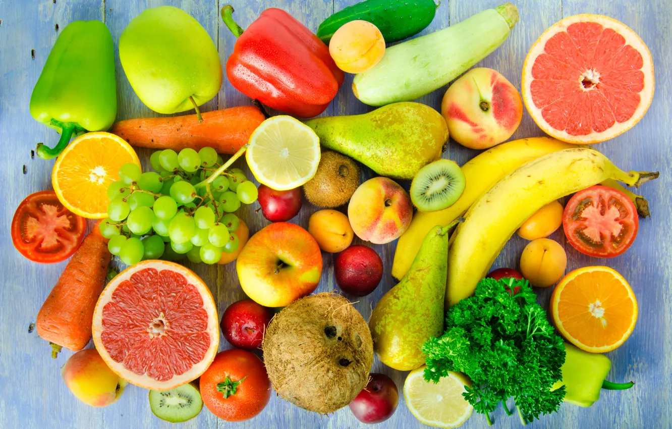 Photo wallpaper lemon, apples, coconut, kiwi, grapes, bananas, pepper, fruit
