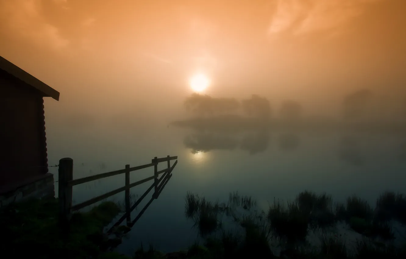 Photo wallpaper the sun, sunset, fog, lake, fence, the barn, Scotland, Scotland