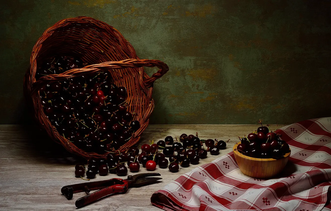 Photo wallpaper cherry, berries, the dark background, table, towel, still life, basket, cherry