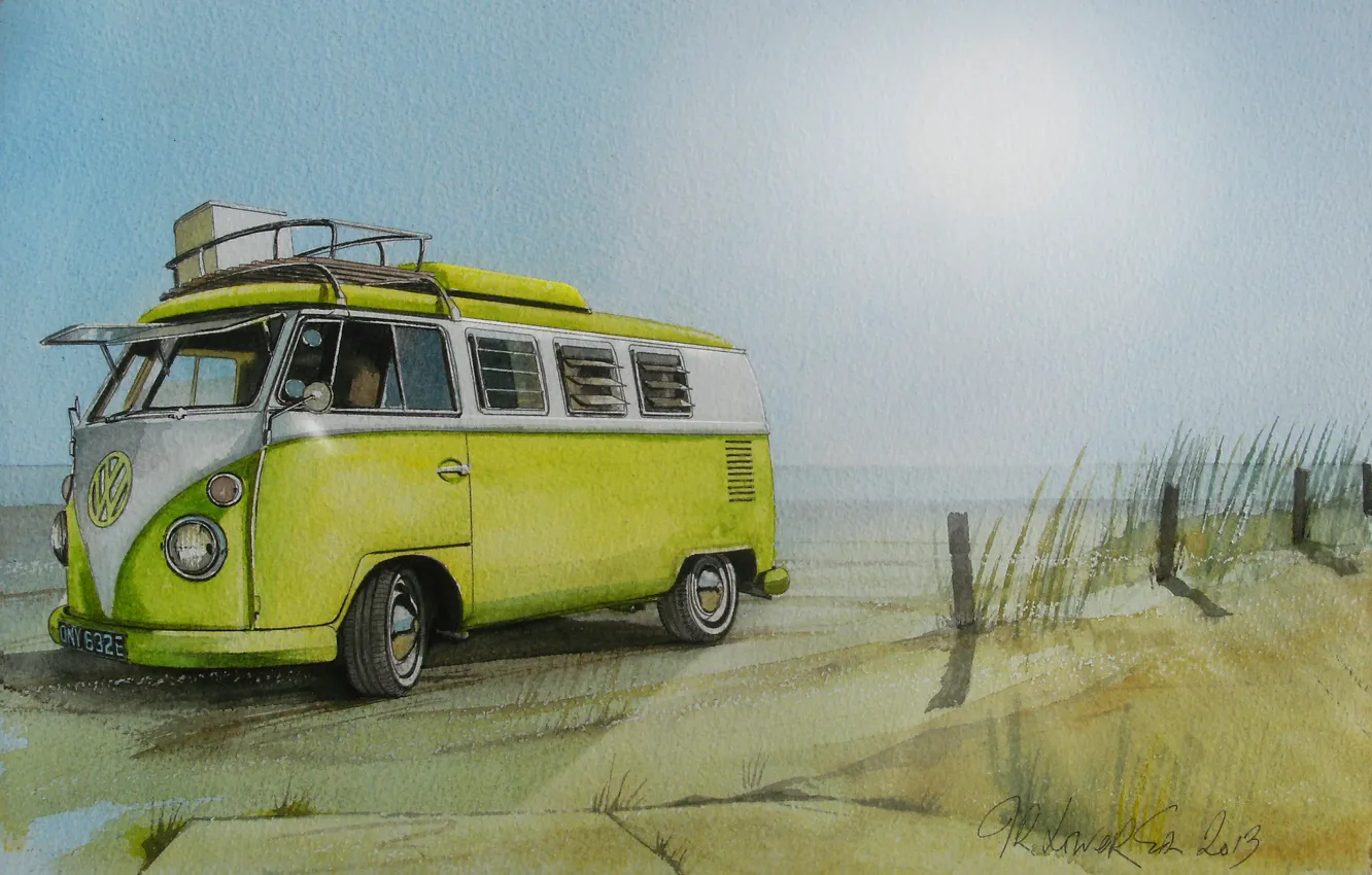 Photo wallpaper beach, figure, Volkswagen, painting, minibus, Transporter, Volkswagen, Type 2