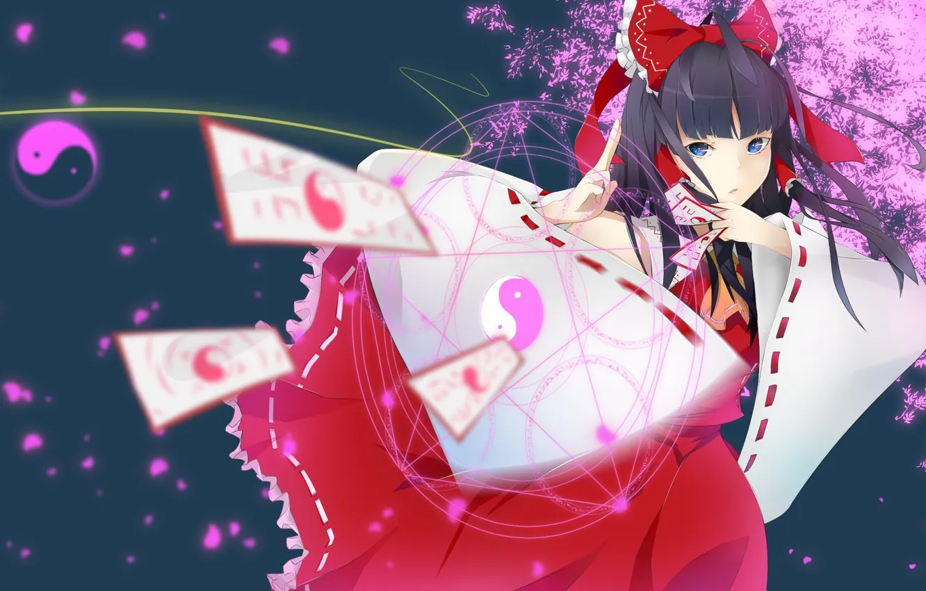 Photo wallpaper look, girl, magic, petals, Sakura, gesture, touhou, art