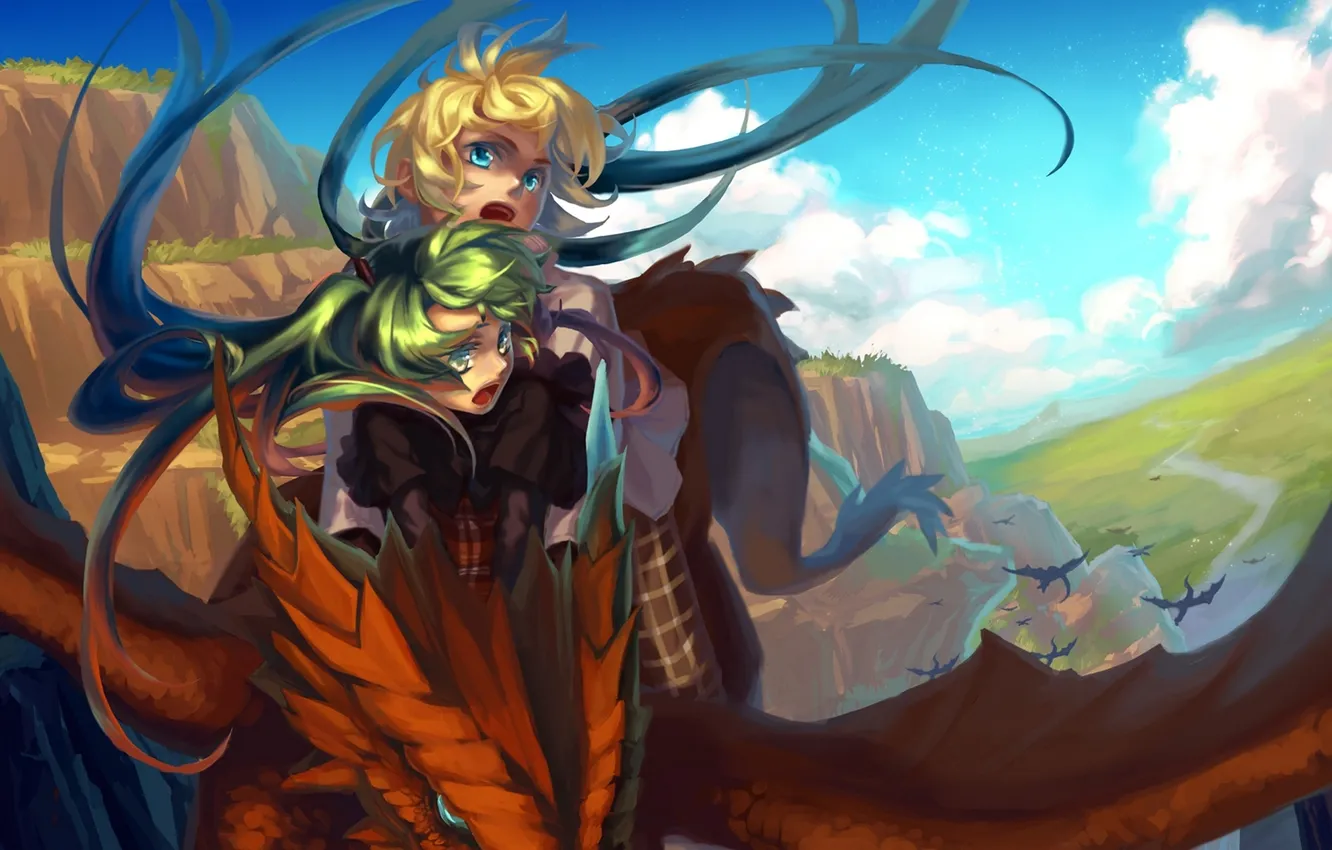 Photo wallpaper the sky, girl, clouds, flight, landscape, nature, dragon, art