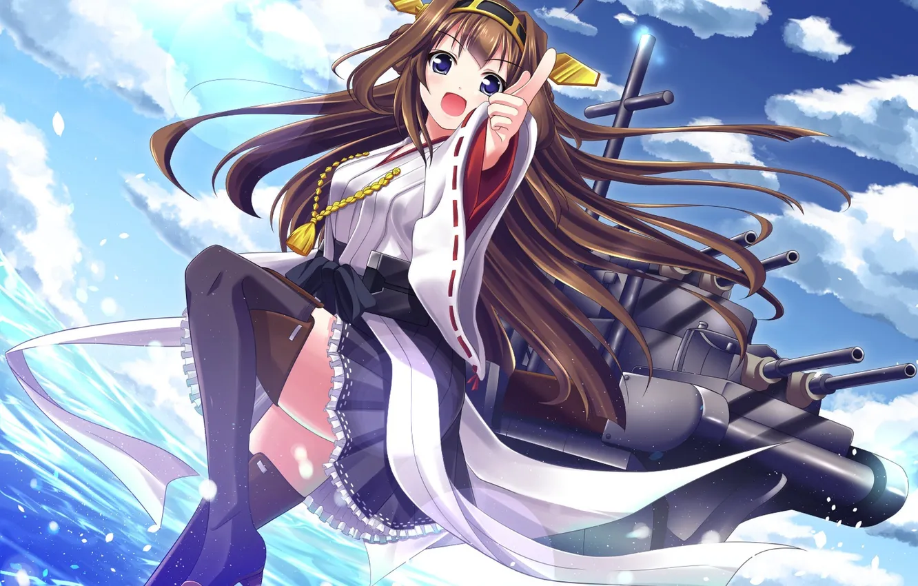 Photo wallpaper sea, look, girl, joy, weapons, gesture, art, kantai collection