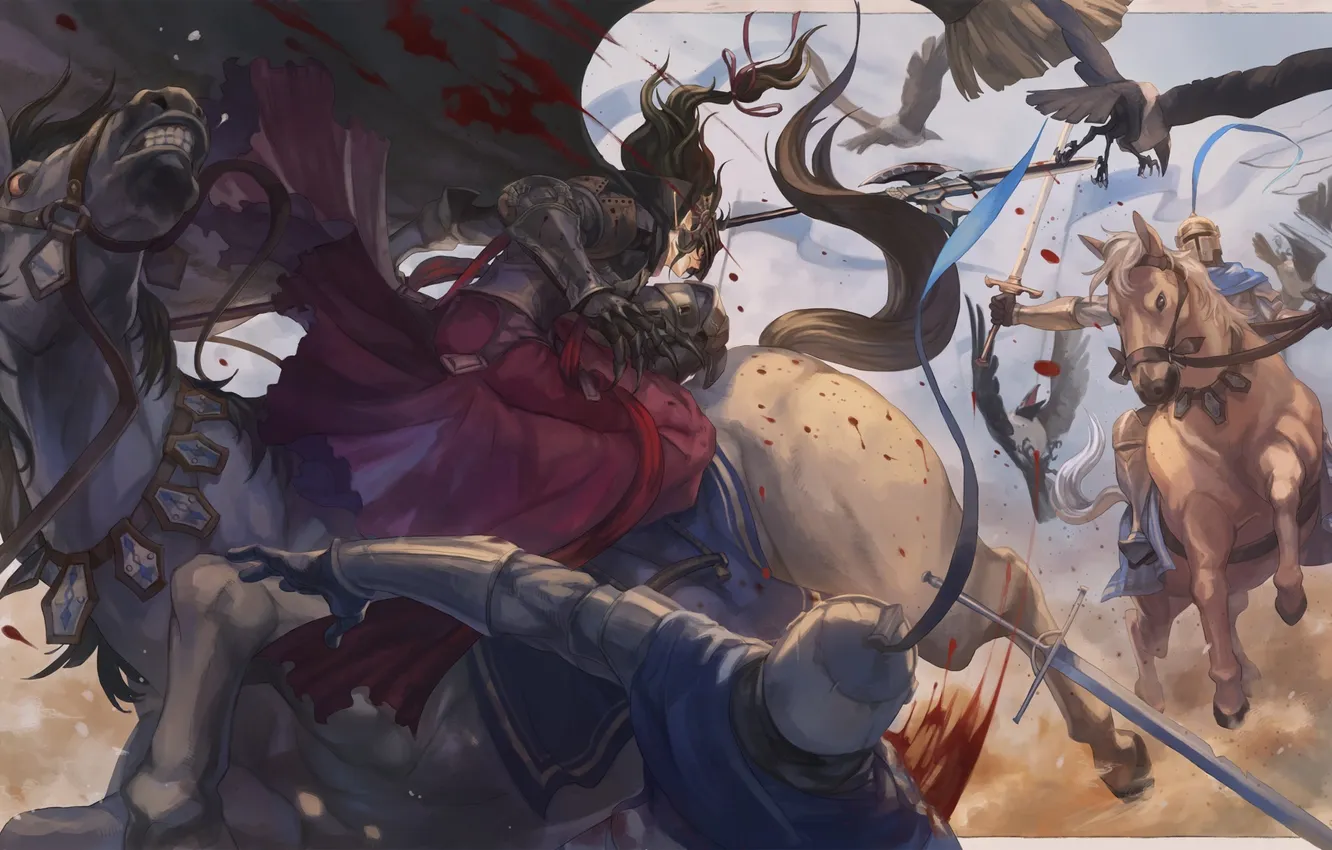 Photo wallpaper weapons, blood, horse, sword, anime, warrior, art, battle
