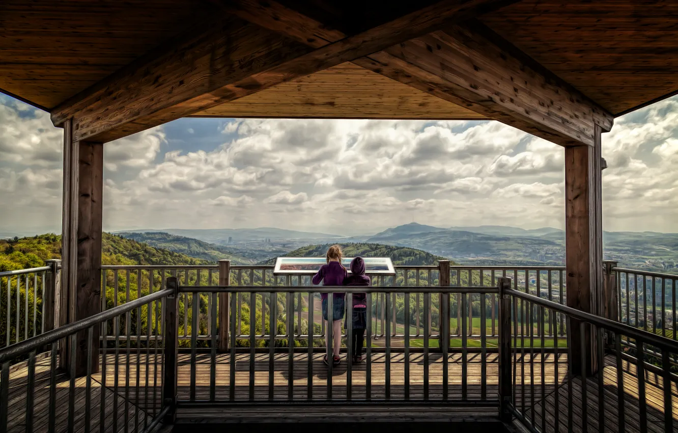 Photo wallpaper clouds, children, hills