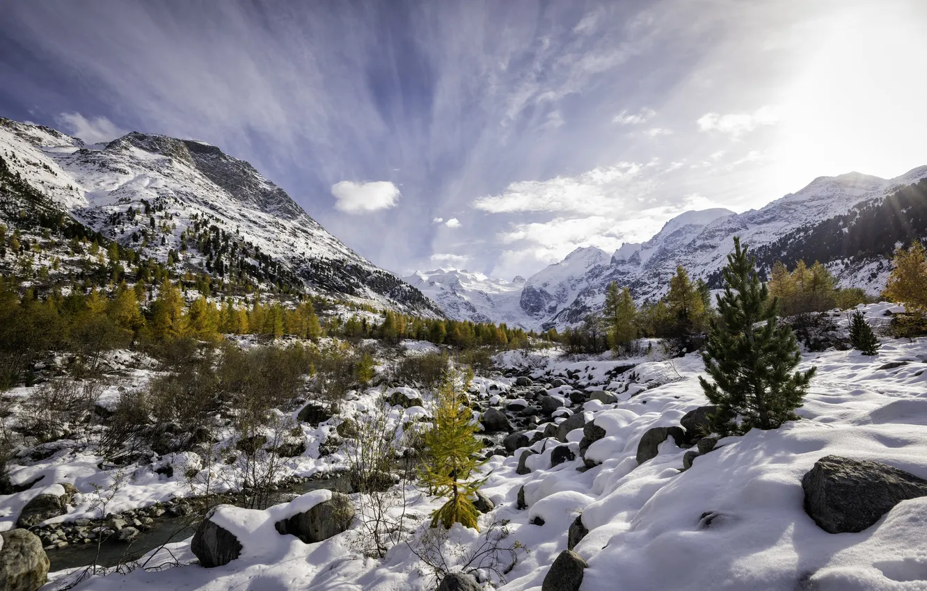 Photo wallpaper autumn, snow, trees, mountains, nature, river, stream, Switzerland