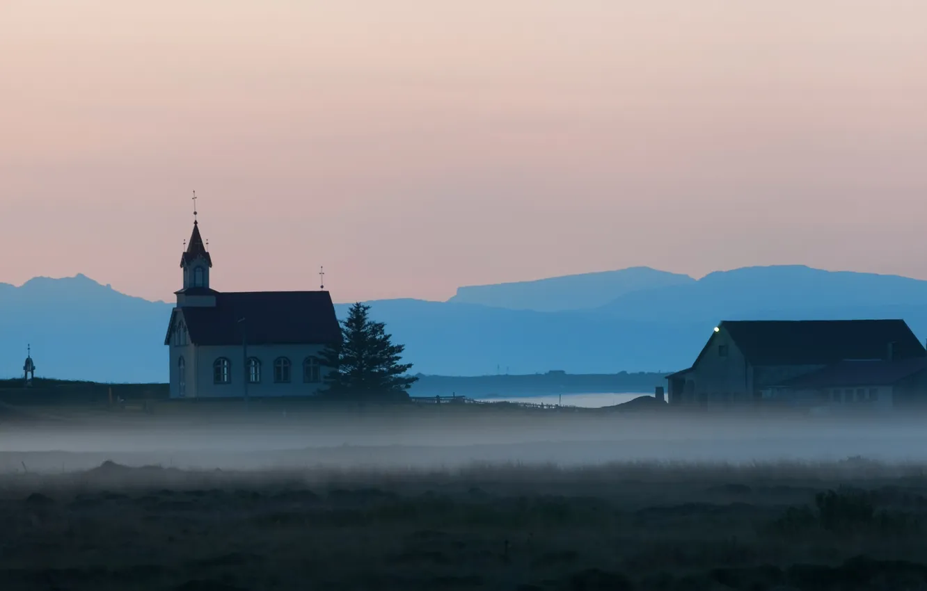 Photo wallpaper nature, fog, home, Church, haze