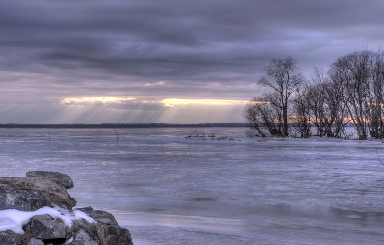 Photo wallpaper ice, winter, snow, trees, sunset, lake, the evening