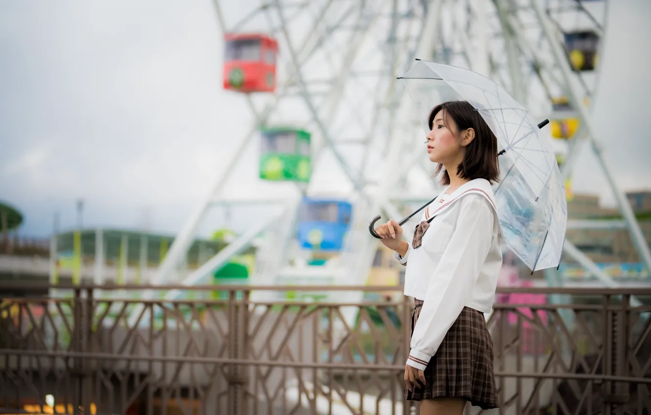 Photo wallpaper girl, umbrella, Asian, bokeh