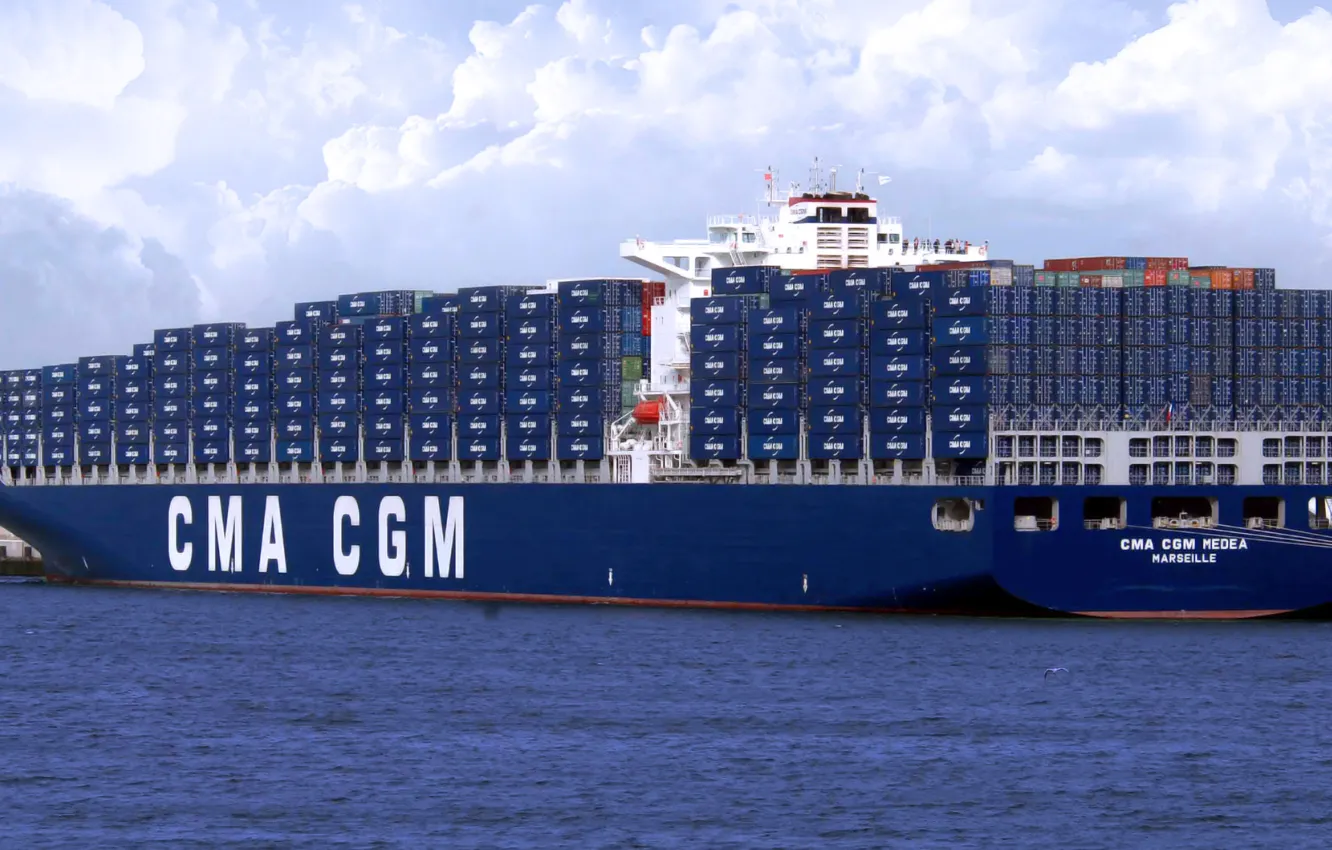 Photo wallpaper Clouds, Sea, Pier, Blue, Board, The ship, Cargo, A container ship