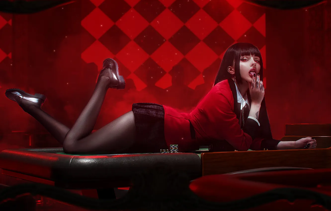 Photo wallpaper girl, red eyes, model, tattoo, cosplay, brunette, anime girls, xenon