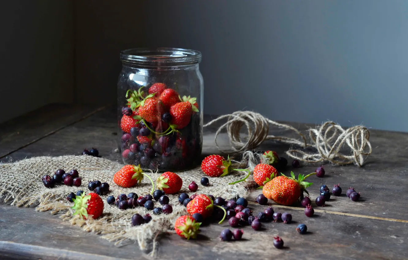 Photo wallpaper berries, blueberries, strawberry, Bank, still life, burlap