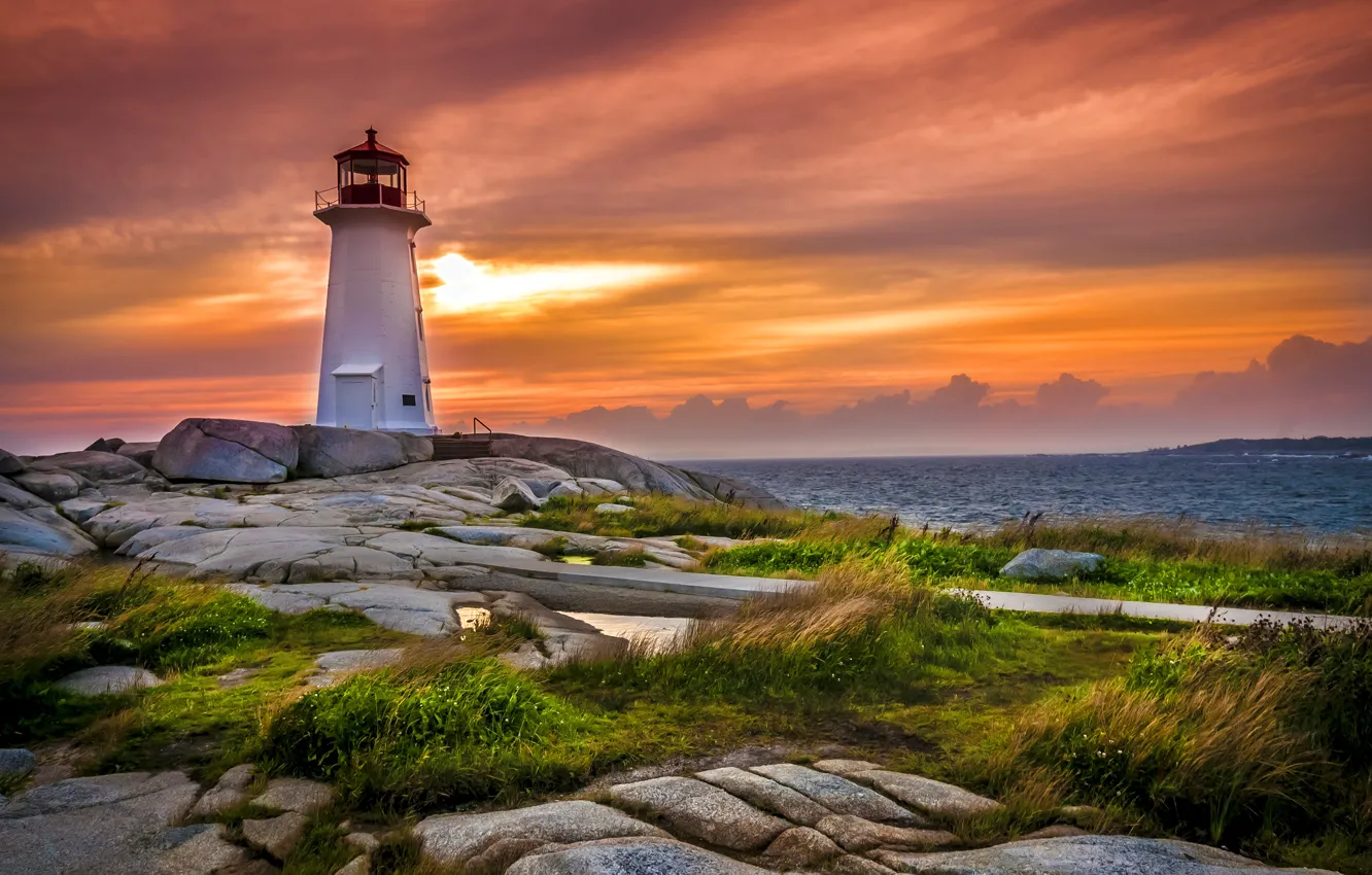 Photo wallpaper sea, the sky, grass, the sun, clouds, stones, coast, lighthouse