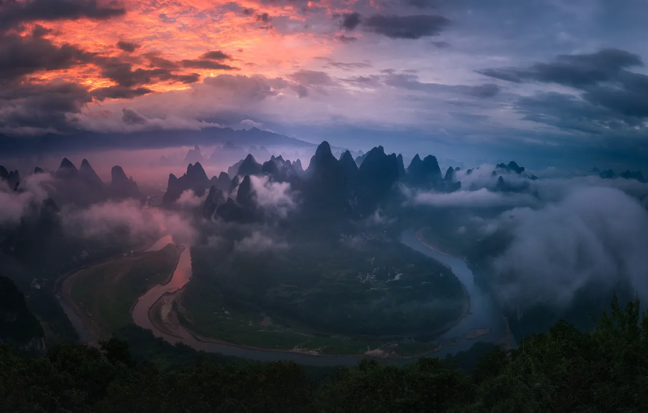 Photo wallpaper the sky, clouds, mountains, river, China, field, China, river
