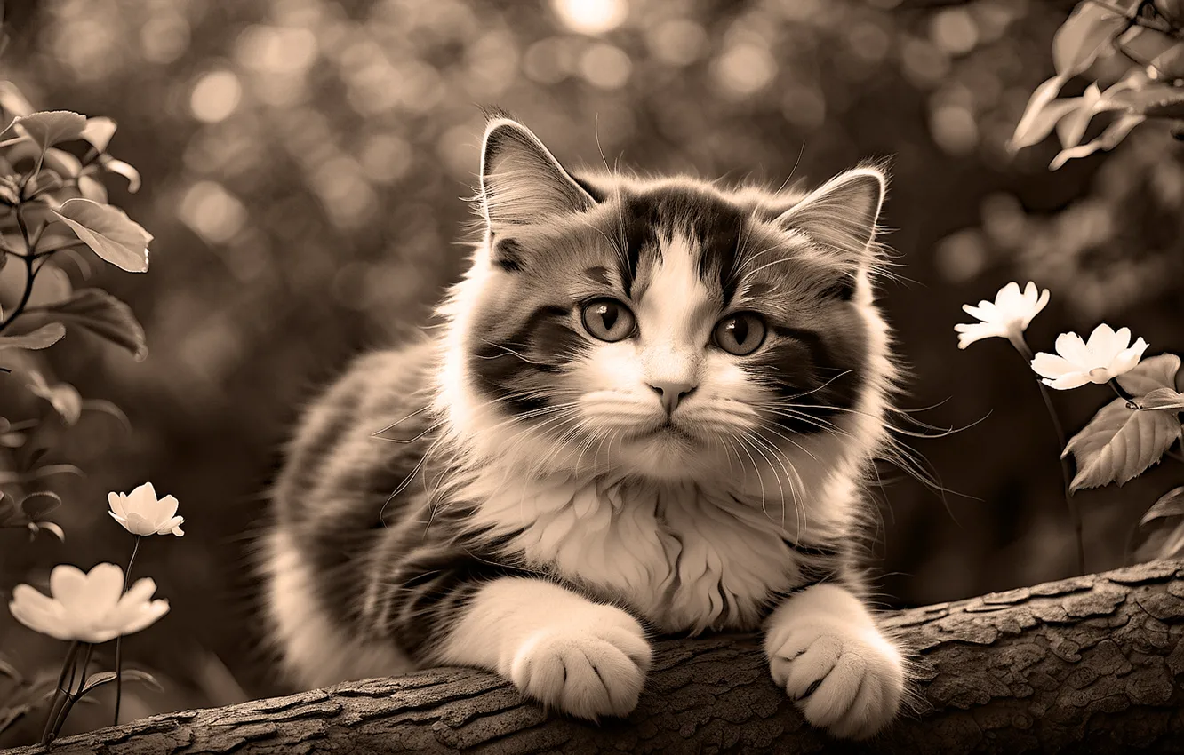 Photo wallpaper cat, look, flowers, nature, Sepia, log, kitty, face