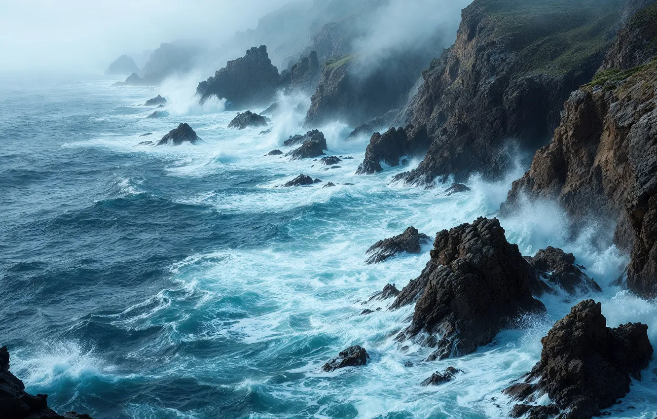 Photo wallpaper sea, storm, rocks, coast, AI art