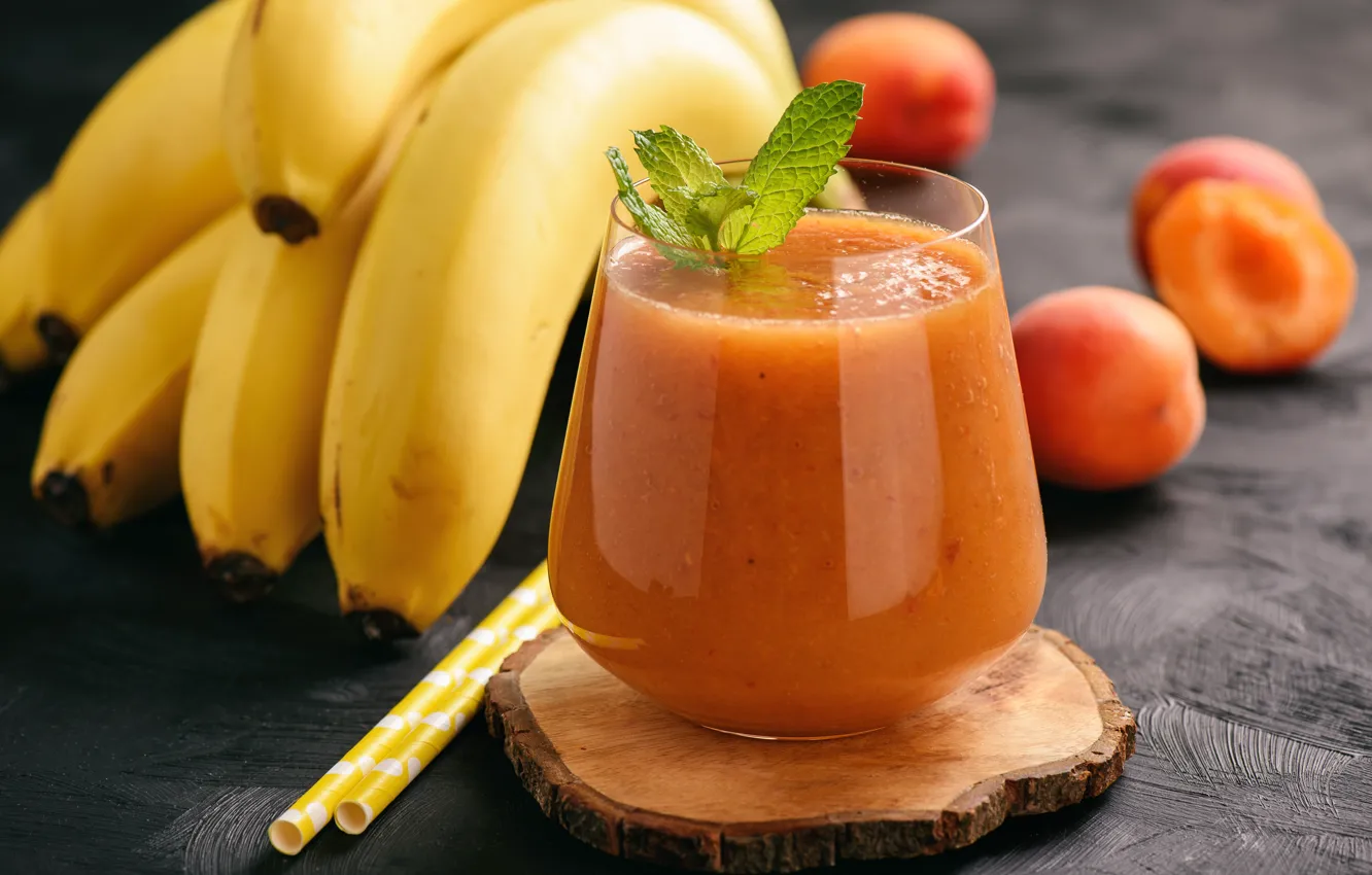 Photo wallpaper glass, juice, bananas, drink, fresh, tube, apricots