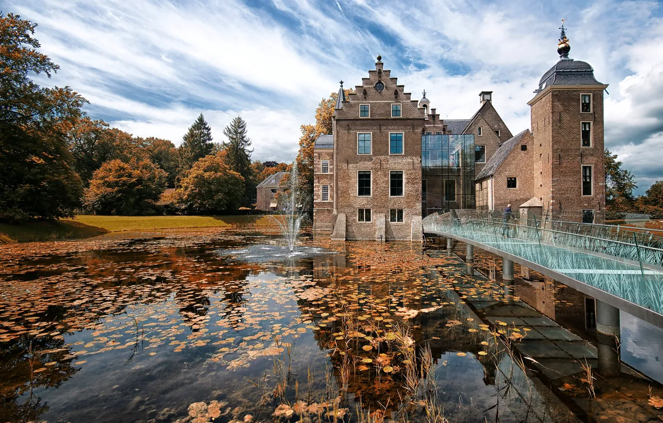 Photo wallpaper autumn, leaves, water, the sun, clouds, trees, bridge, pond
