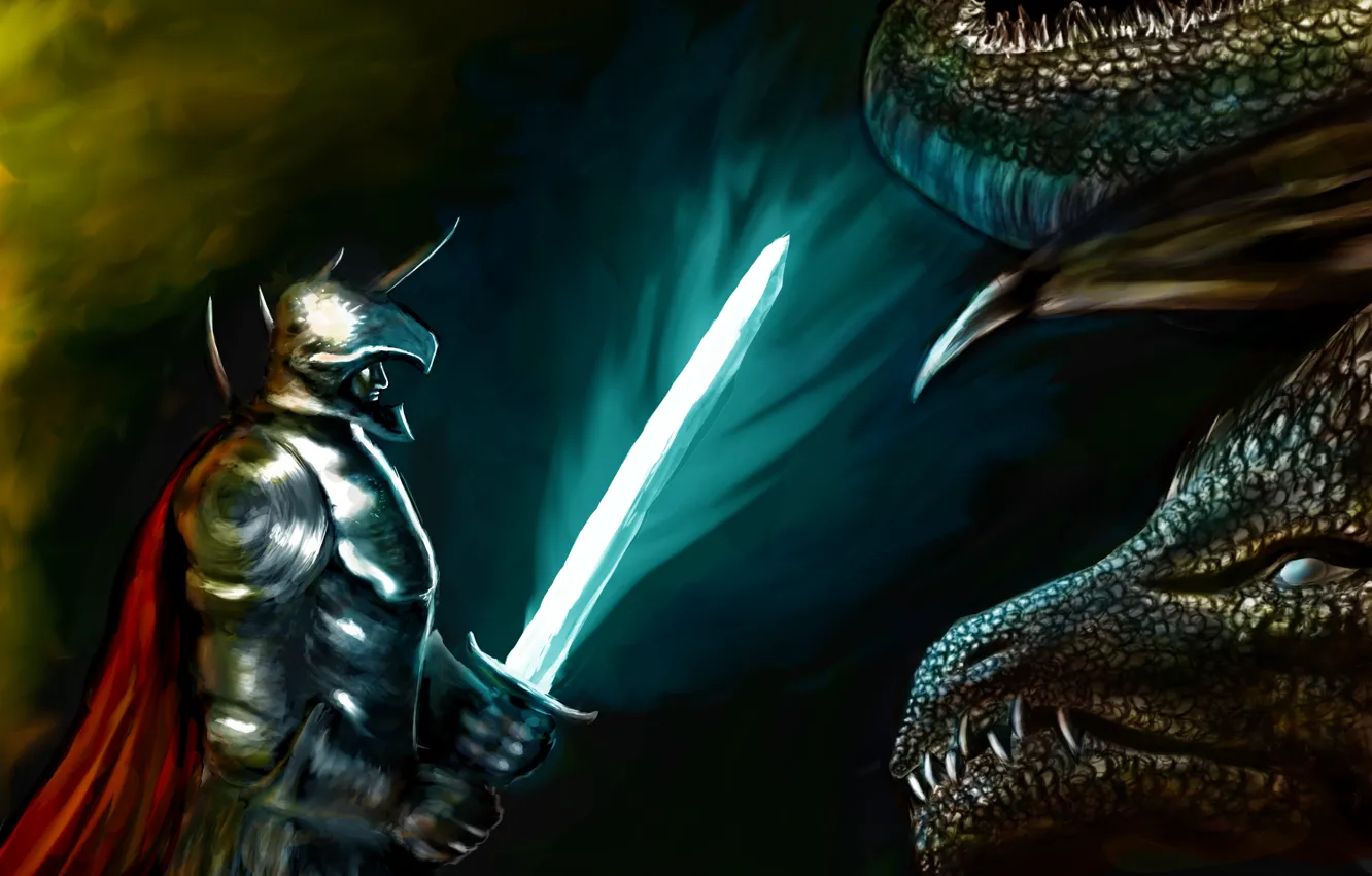 Photo wallpaper dragon, sword, armor, knight