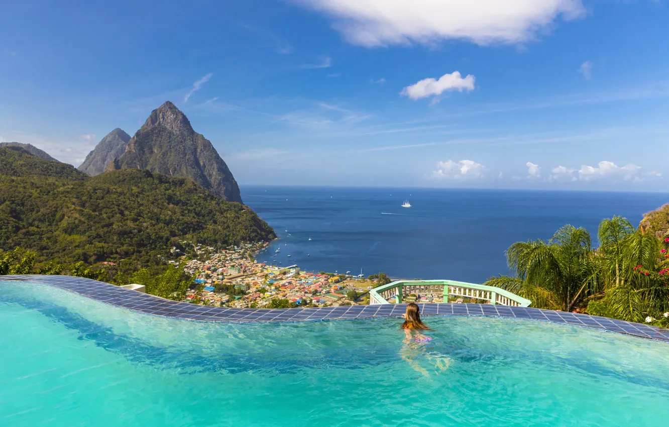 Photo wallpaper sea, girl, mountains, stay, pool, Caribbean, Saint Lucia