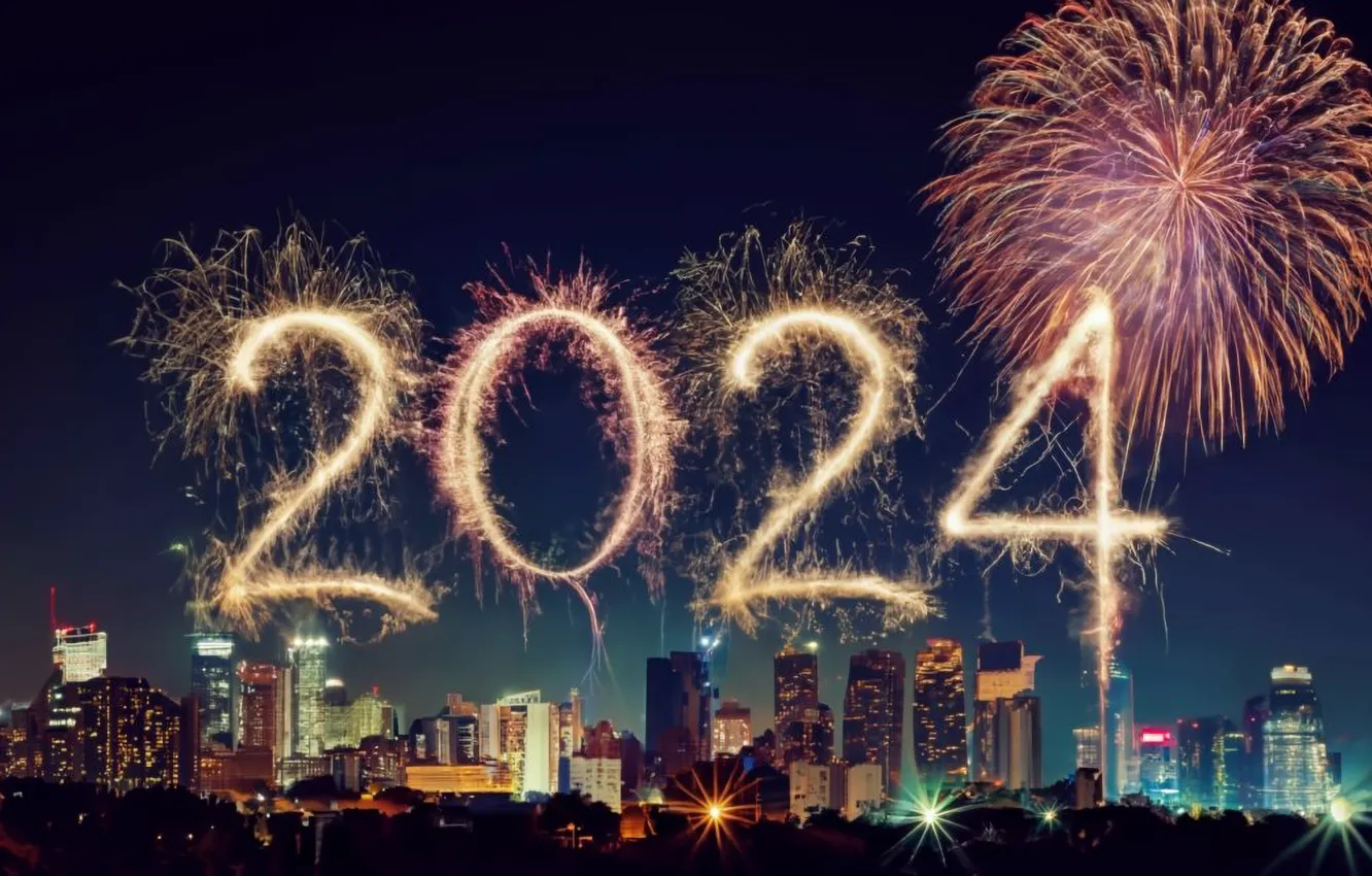 Photo wallpaper night, city, the city, new year, salute, colorful, figures, golden