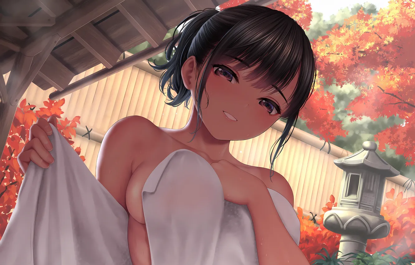 Photo wallpaper girl, sexy, cleavage, boobs, anime, beautiful, short hair, purple eyes