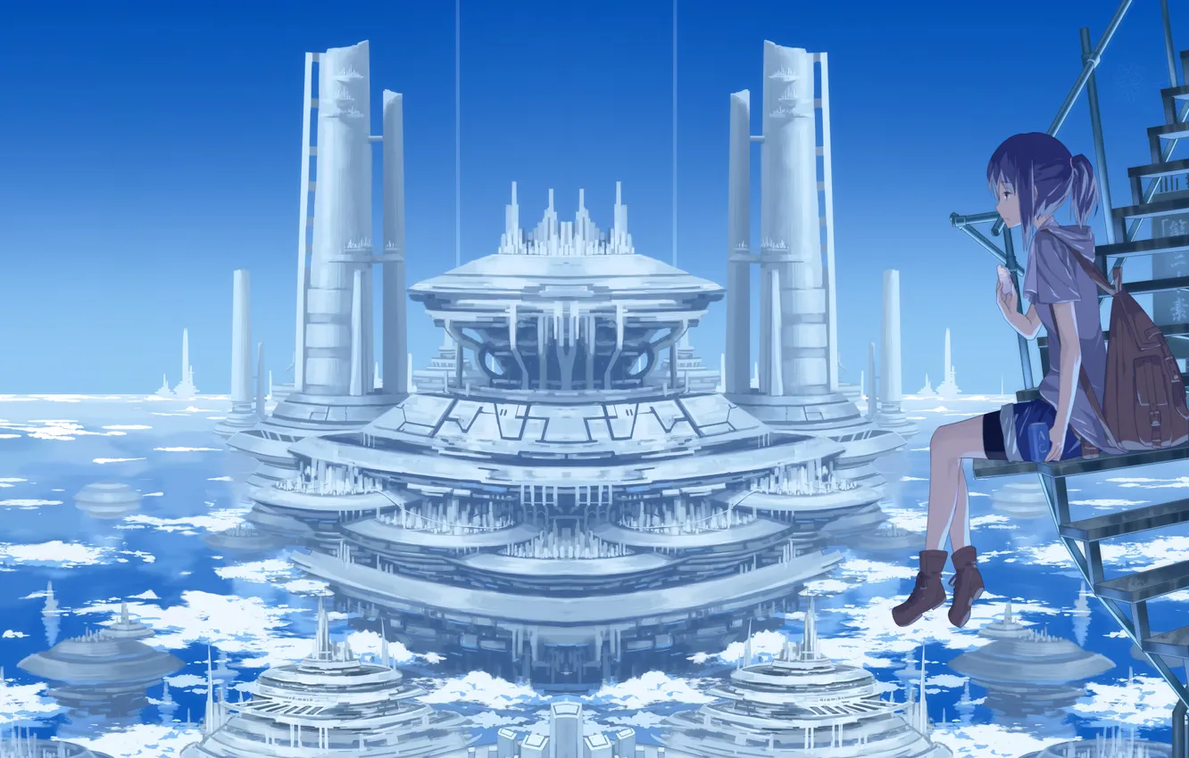 Photo wallpaper the sky, girl, clouds, the city, home, anime, art, ladder