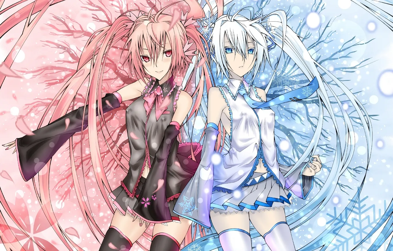 Photo wallpaper girl, snowflakes, petals, vocaloid, Vocaloid, sakura, mike, Yuki Miku