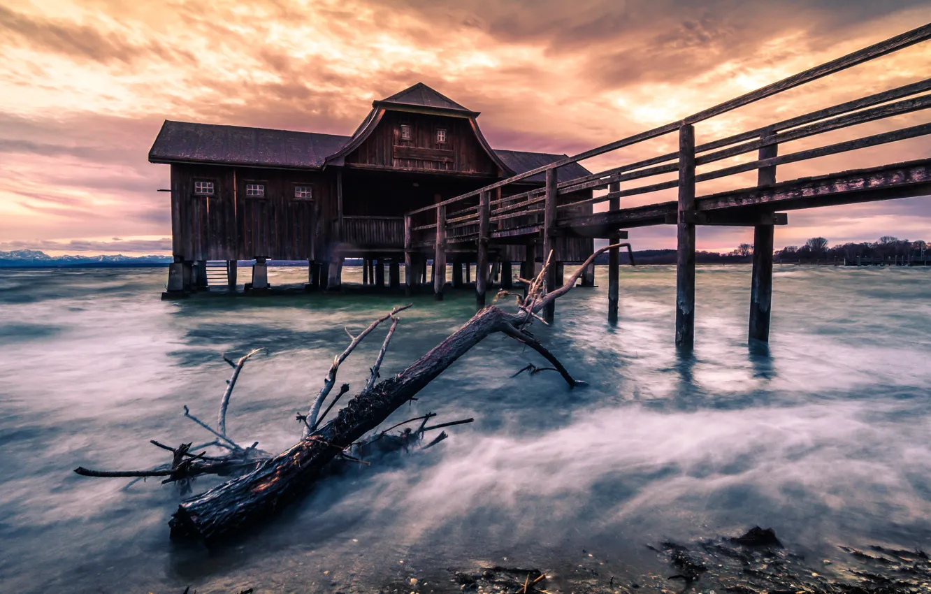 Photo wallpaper Sunset, long exposure, Ammersee, Boathouse