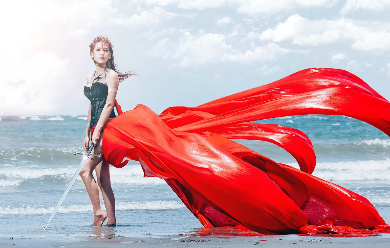 Photo wallpaper sea, girl, sword