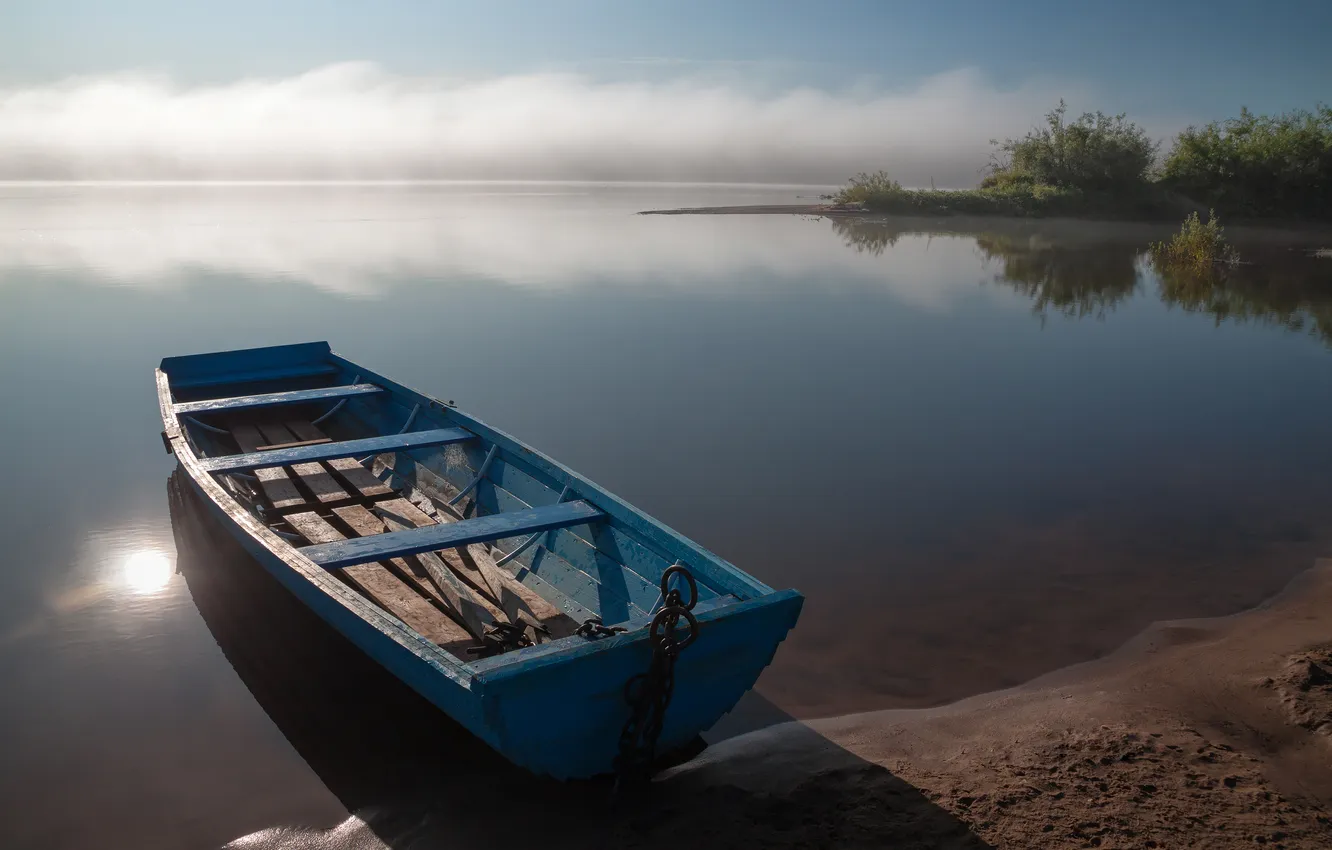 Photo wallpaper lake, boat, morning, Evgeny Smolsky