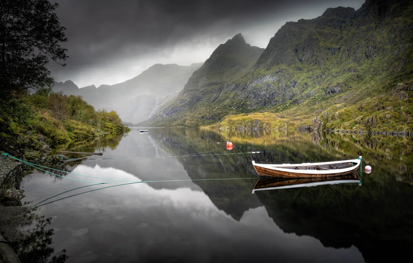 Photo wallpaper mountains, reflection, boat, pond