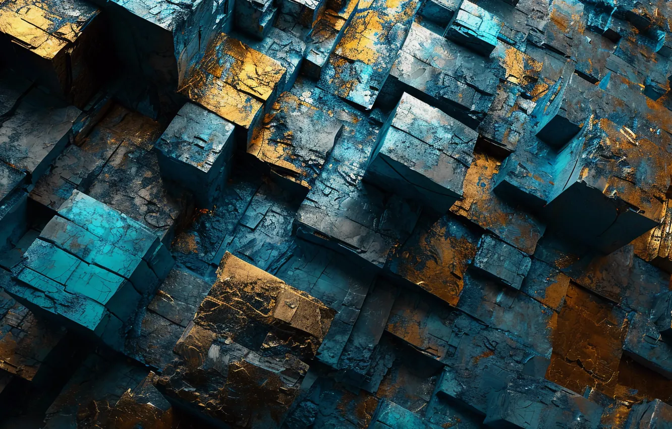 Photo wallpaper blue, yellow, abstraction, wall, Cuba, structure, squares, geometry