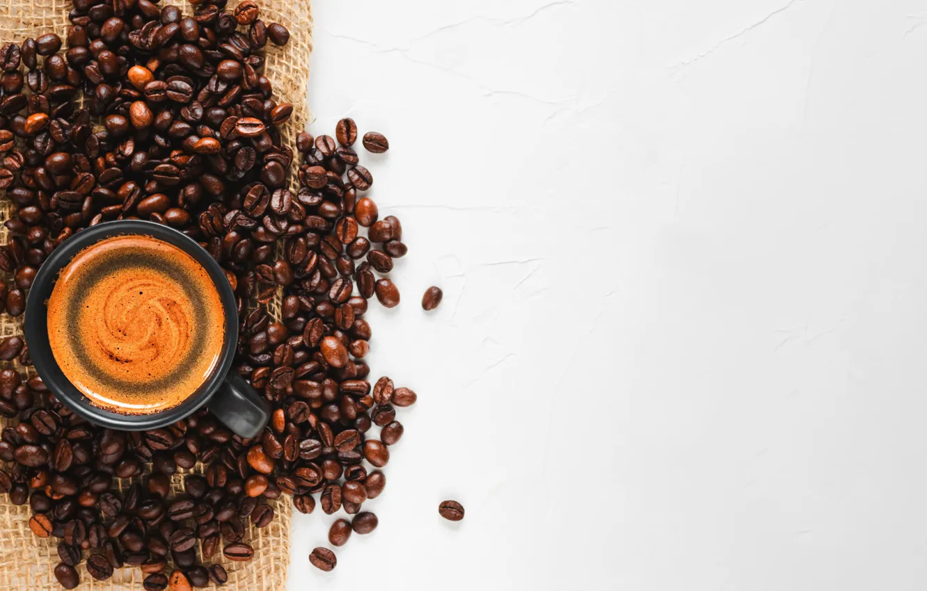 Photo wallpaper coffee, Cup, placer, light background, coffee beans, burlap, foam