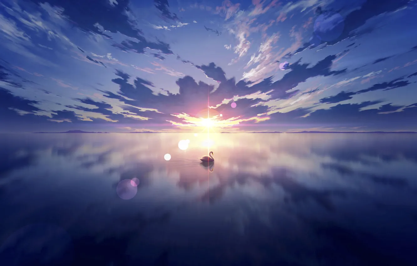Photo wallpaper the sky, water, the sun, sunset, Swan